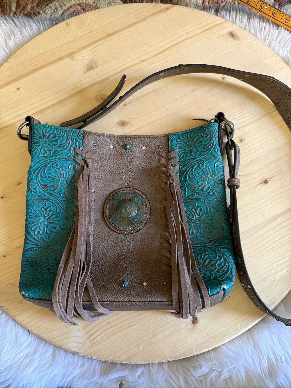 Justin Turquoise Crossbody with Brown Fringe